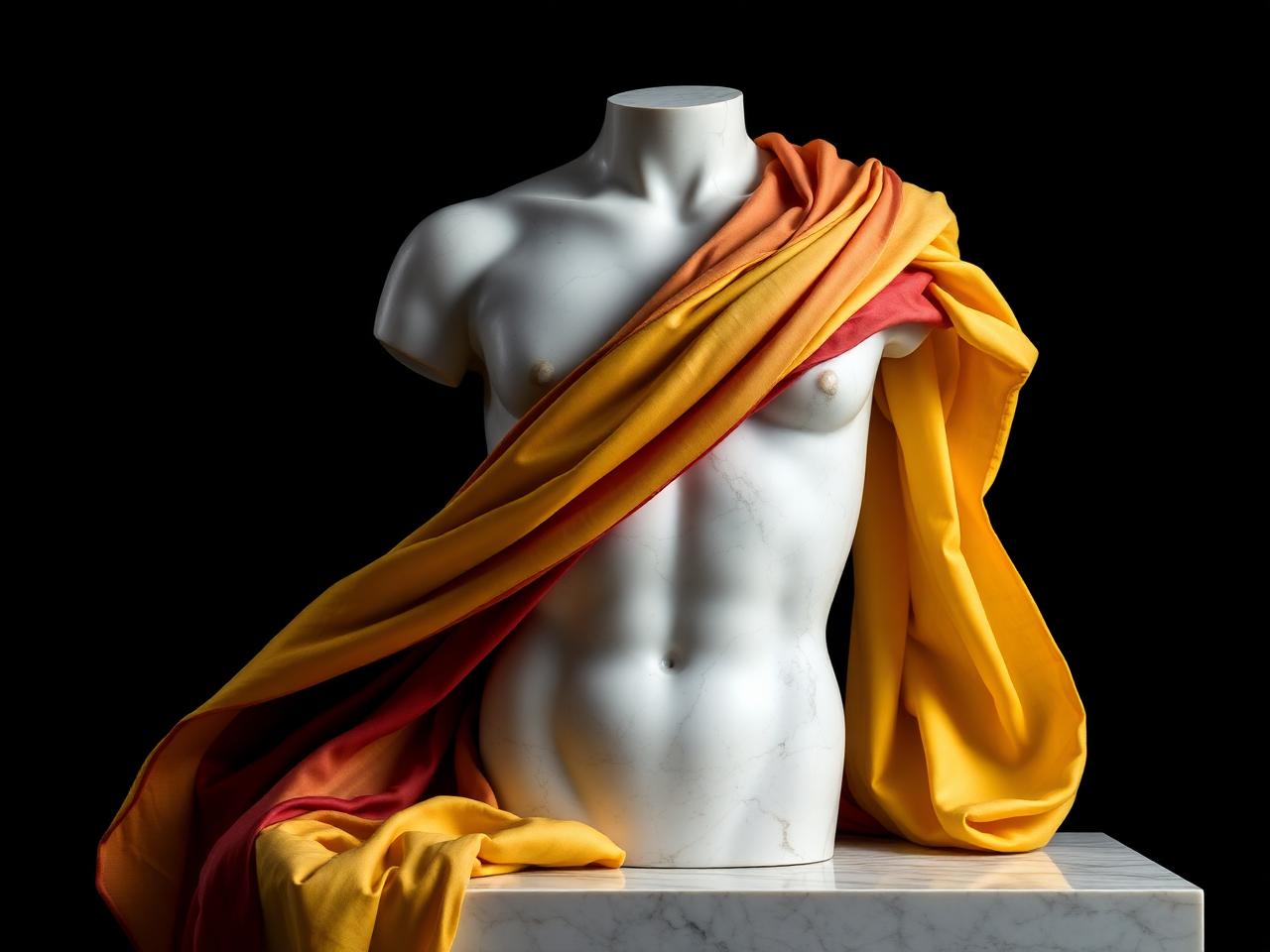 Marmor-Torso mit gelb-rotem Seidentuch